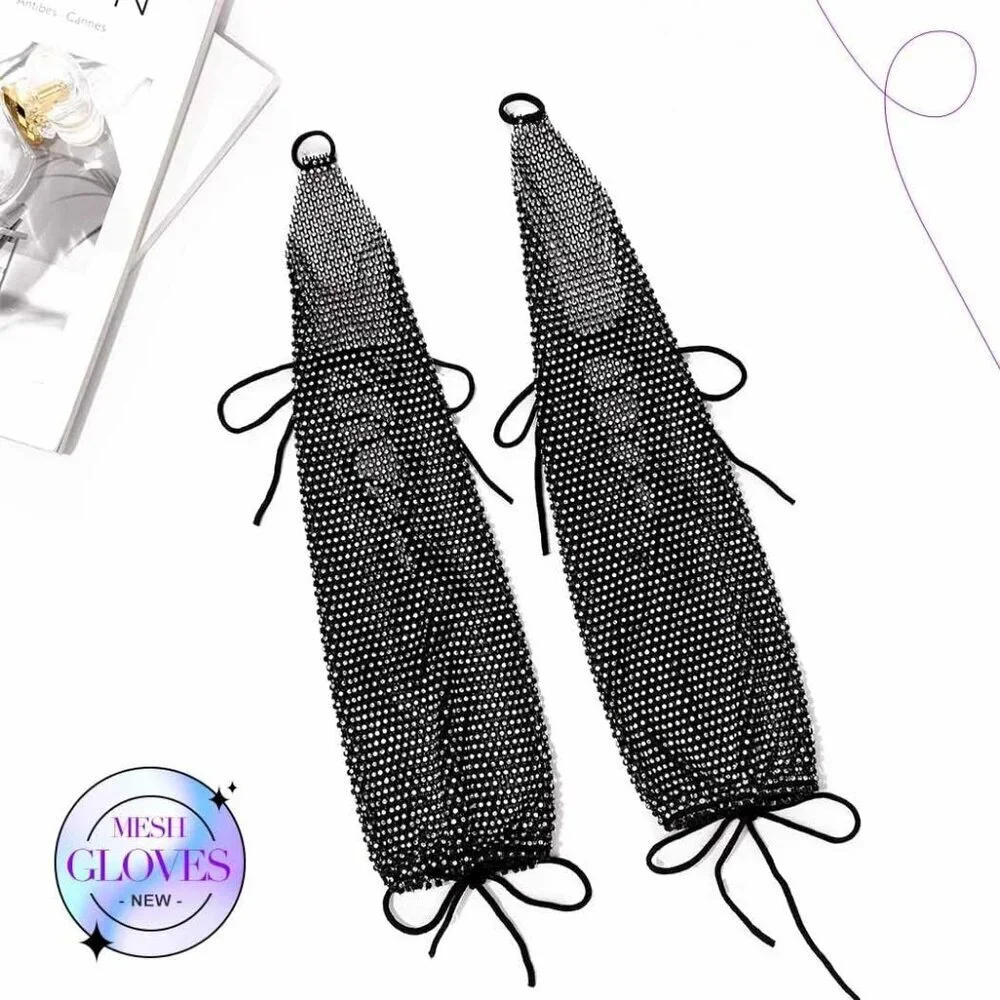 Women's Rhinestone Long Arm Rave Sleeves Fingerless Gloves Black Fishnet